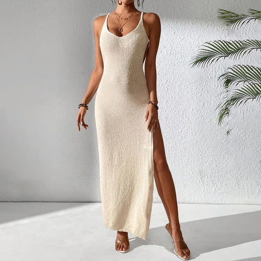 Sexy Cutout Slim Fit Slit Spaghetti Straps Knitted Beach Dress