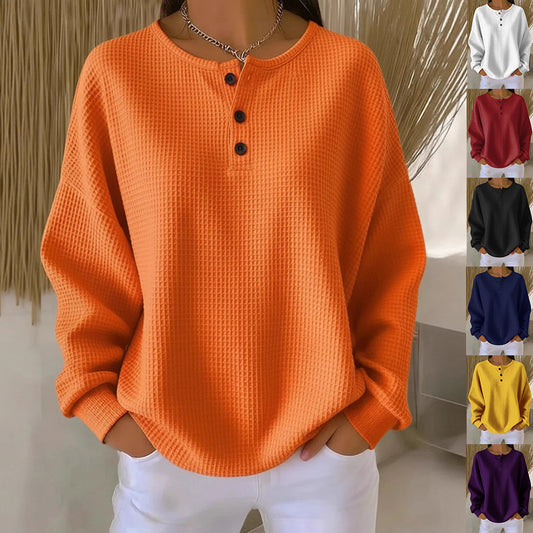 Ins Waffle Long-sleeved T-shirt Fashion Solid Color Buttons Round Neck Pullover Top Women's Clothing