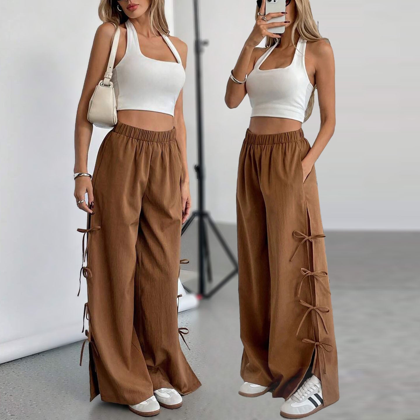 Spring And Autumn Bow Side Contrast Color Sports Women's Pants