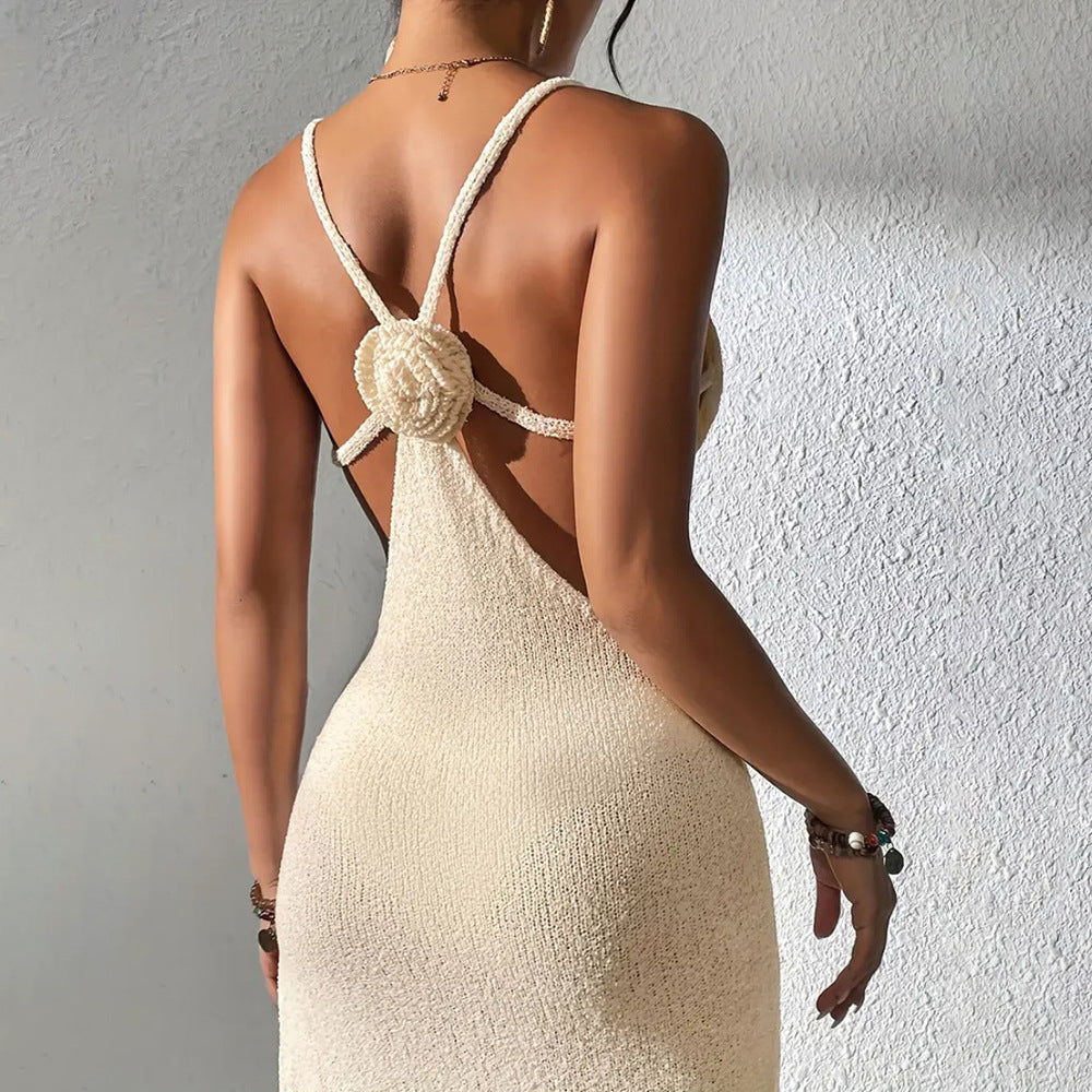Sexy Cutout Slim Fit Slit Spaghetti Straps Knitted Beach Dress