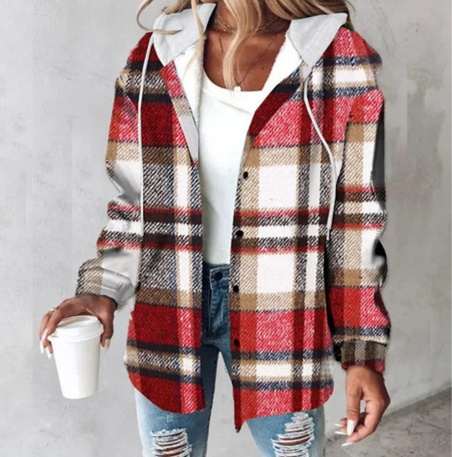 Plaid Hooded Jacket Fashion Casual Button Pocket Coat Autumn And Winter Women's Clothing